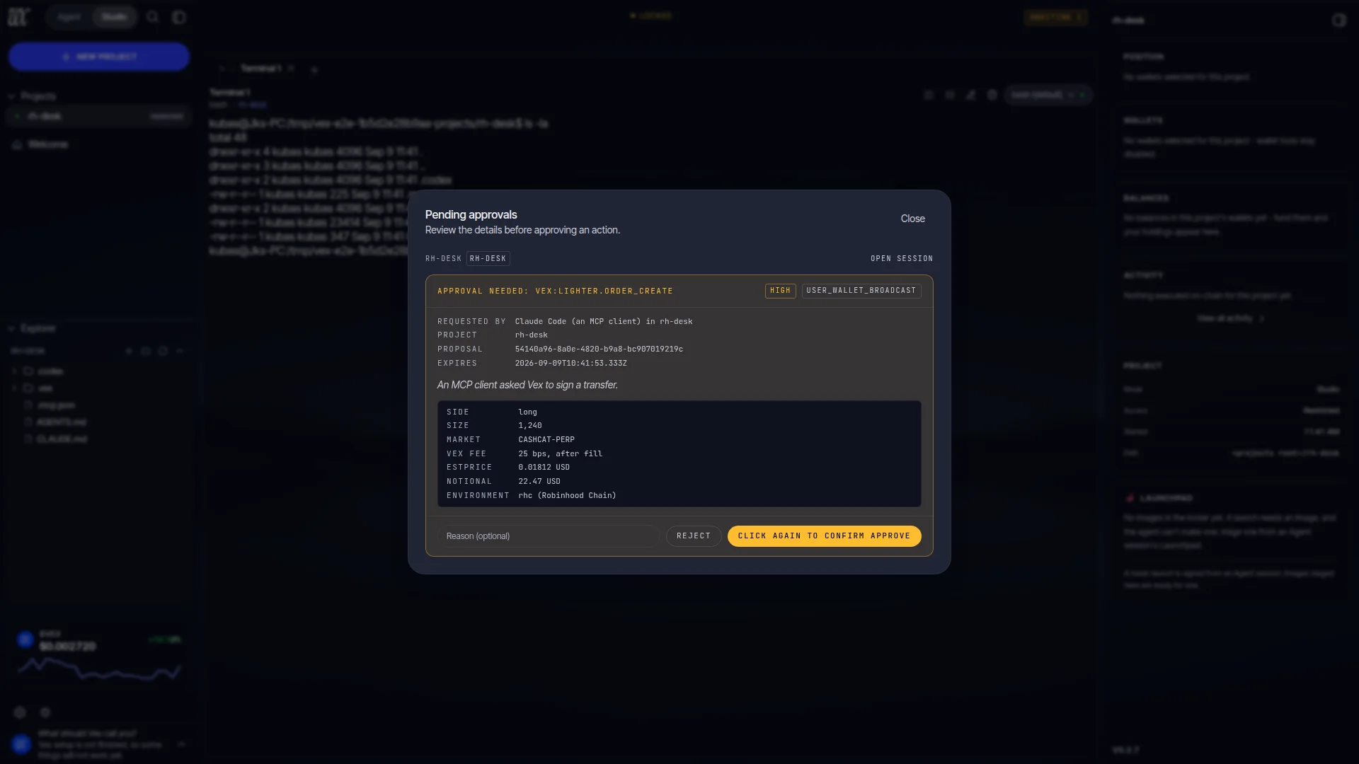 The same approval card after the first click on Approve: the button now reads Click again to confirm approve