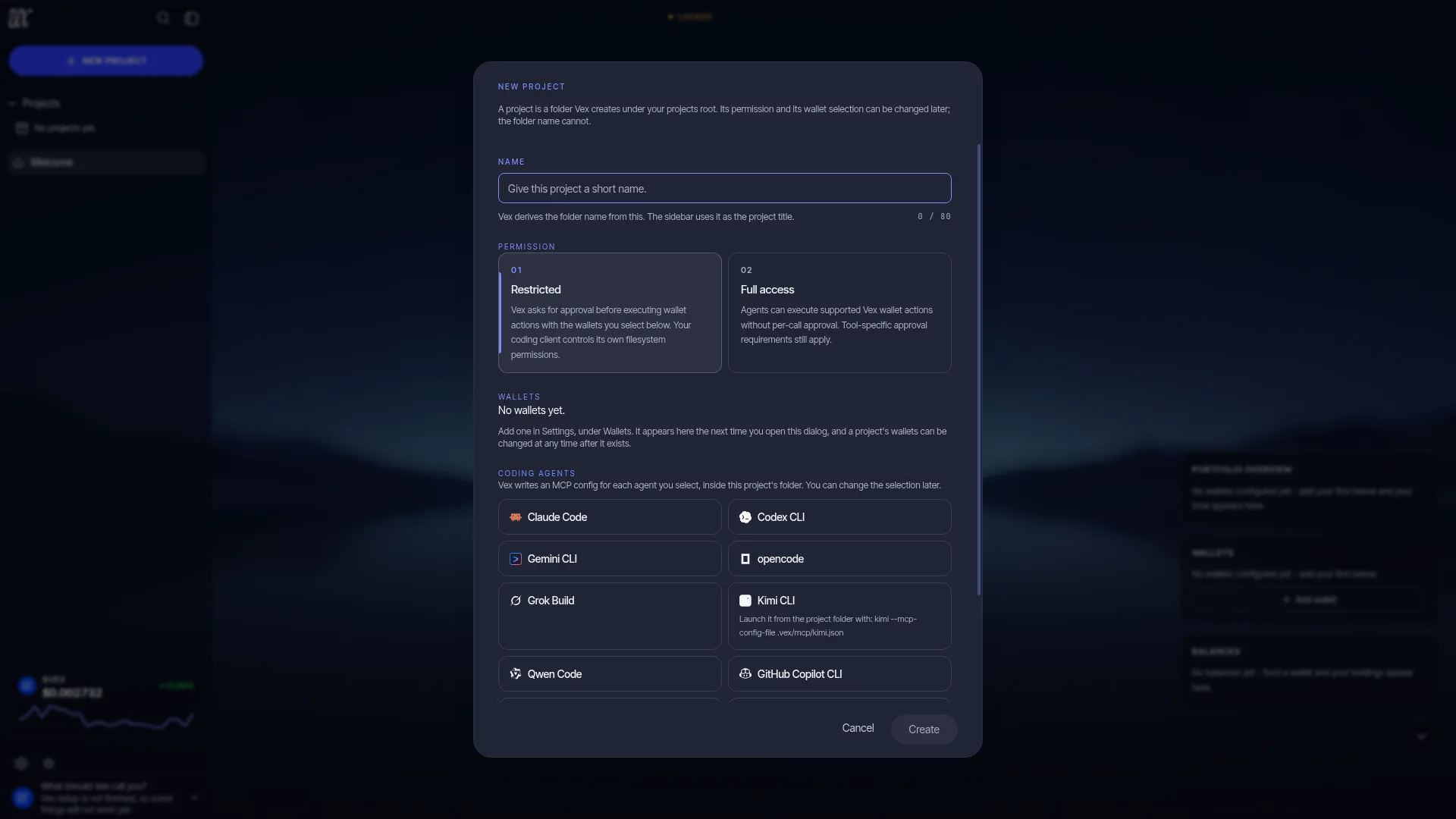 The New project dialog: a name field, the Restricted and Full access permission cards, the wallet fieldset and the coding agents picker