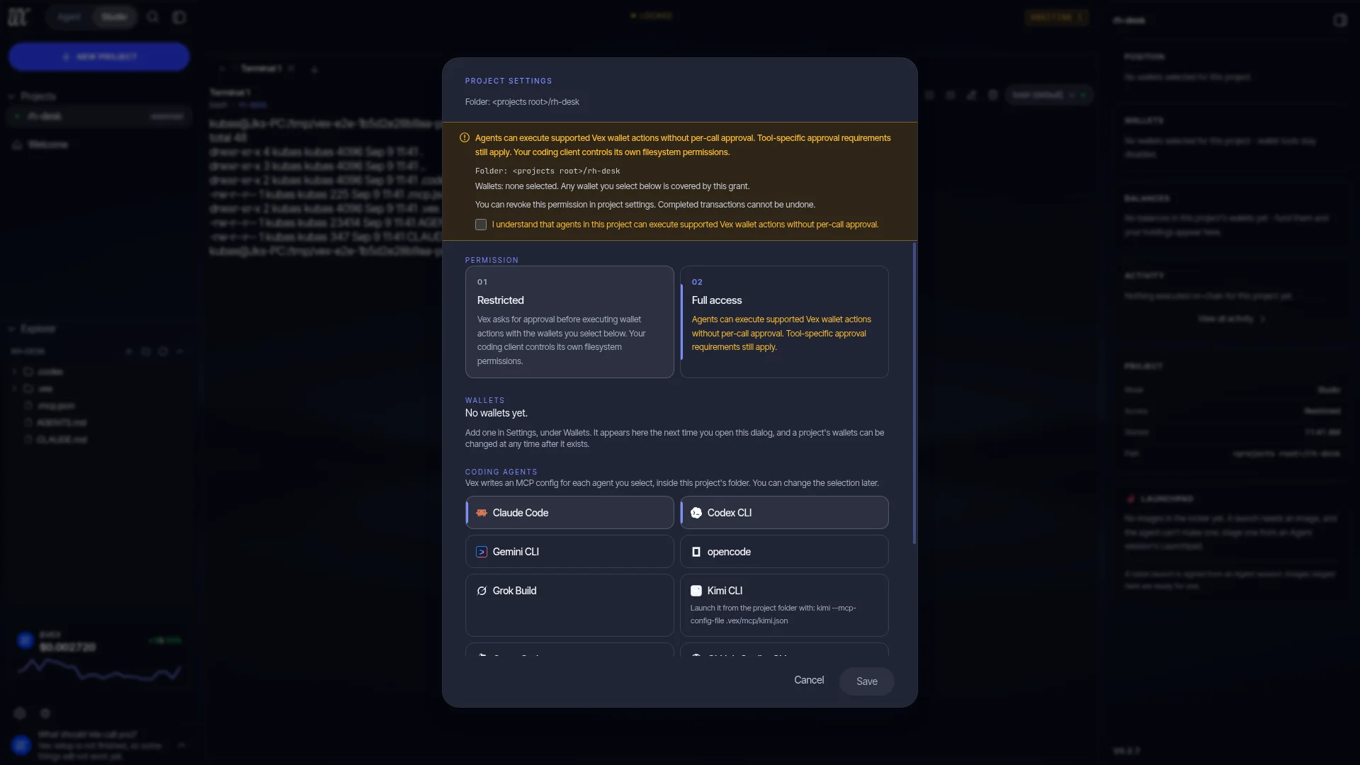 The Project settings dialog with Full access selected: the consequence strip names the folder and wallets the grant covers and requires an explicit acknowledgement before Save enables