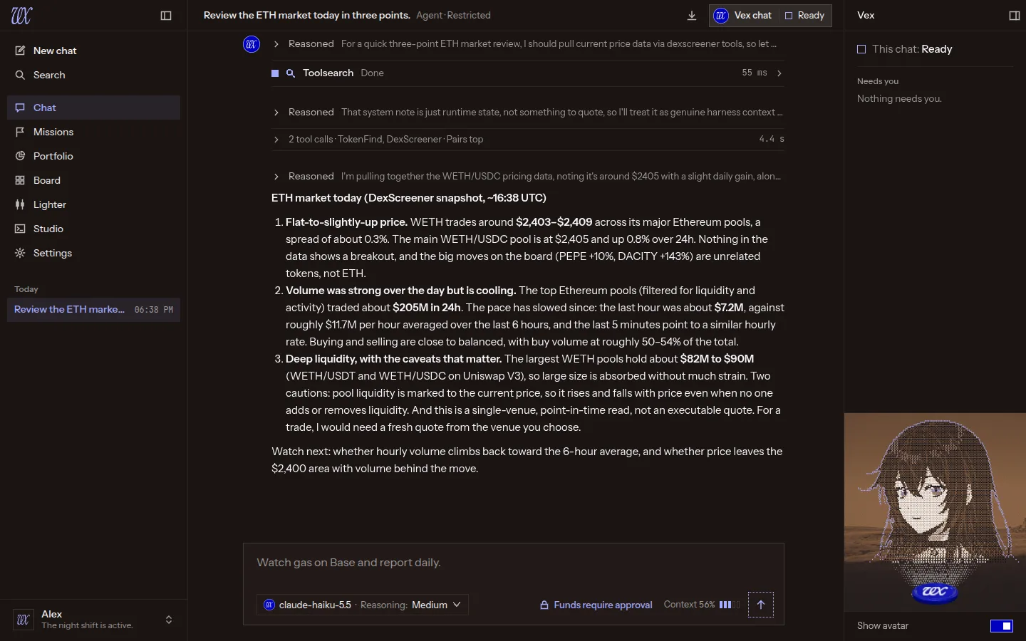 VEX Desktop in its dark theme: the same finished ETH market review, with folded reasoning and DexScreener tool rows above a three point answer on price, volume and liquidity, the chat list at the left and Vex's sidebar at the right reading This chat: Ready above her portrait.