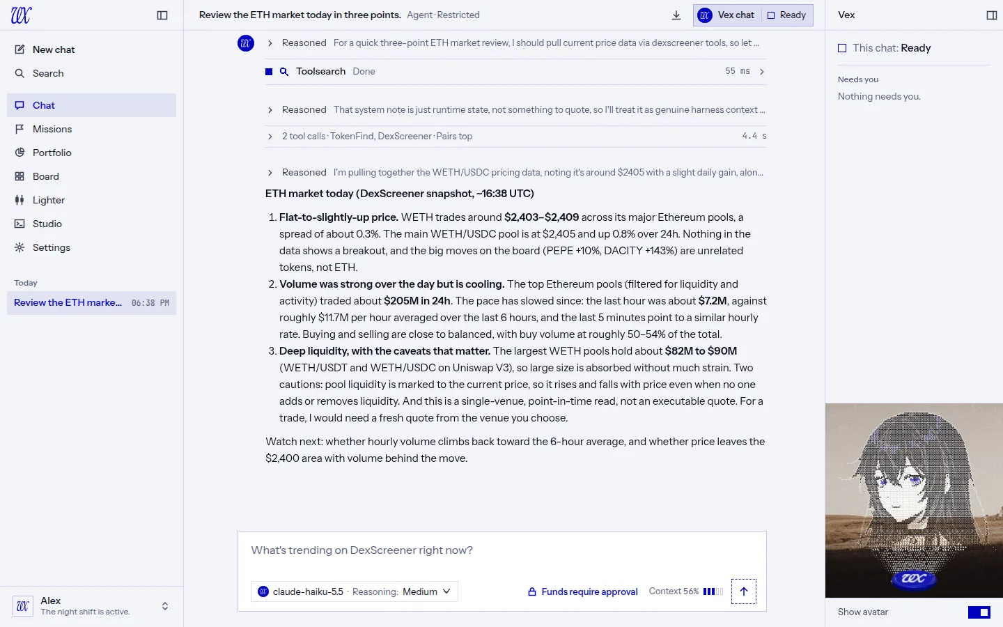 VEX Desktop in its light theme: a finished chat titled Review the ETH market today in three points, where Vex looked up DexScreener data in two folded tool calls and answered with a three point ETH market review (price, volume, liquidity) and a Watch next line, with the chat list at the left and Vex's sidebar at the right reading This chat: Ready above her portrait.