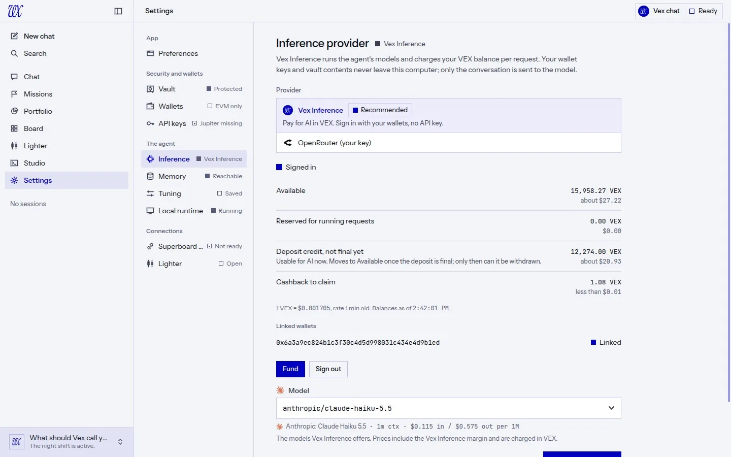 The Vex Inference account in VEX Desktop settings: Available, Reserved for running requests, and a deposit credit that is not final yet, usable for AI now and withdrawable once the deposit is final.