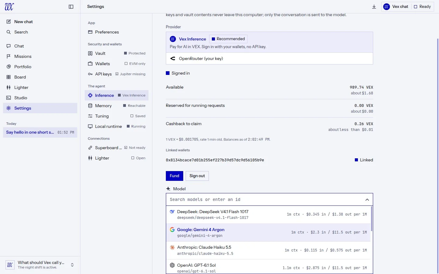 The Inference settings in VEX Desktop with the model list open: Vex Inference models with their context size and their input and output prices per 1 million tokens.