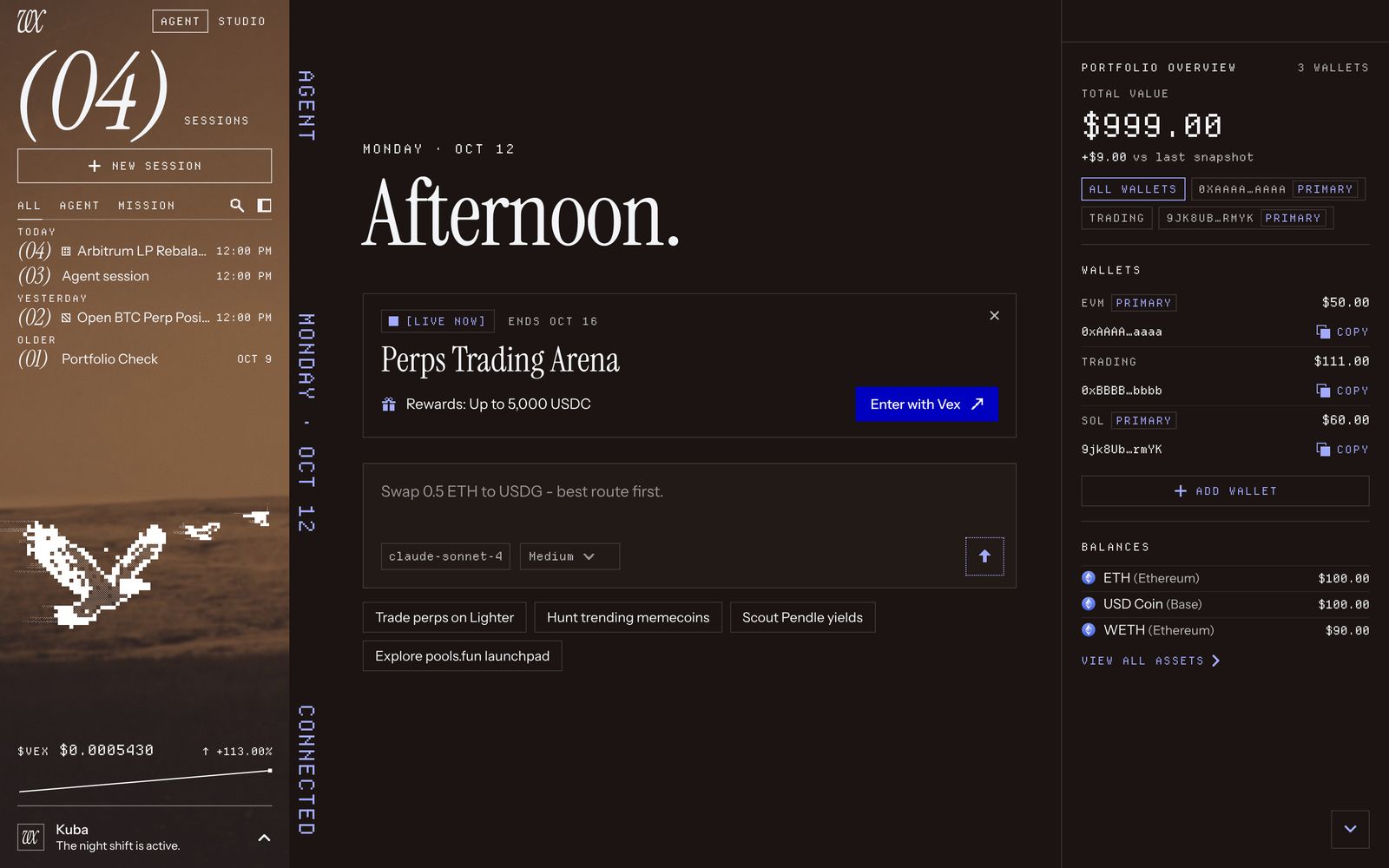 The VEX 0.4.0 welcome page in the dark theme: the sepia print with the session counter and the pixel eagle on the left page, the greeting and composer on the centre page, and the portfolio on the right