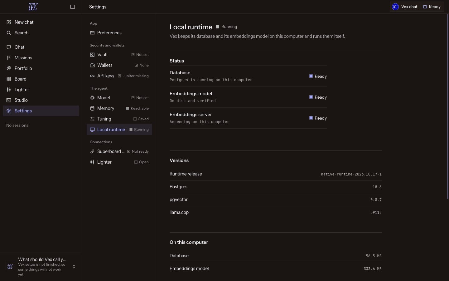 Settings, Local runtime, in the dark theme: the database, the embeddings model and the embeddings server each Ready, the versions (Postgres 18.6, pgvector 0.8.7, llama.cpp b9115) and the data size on this computer